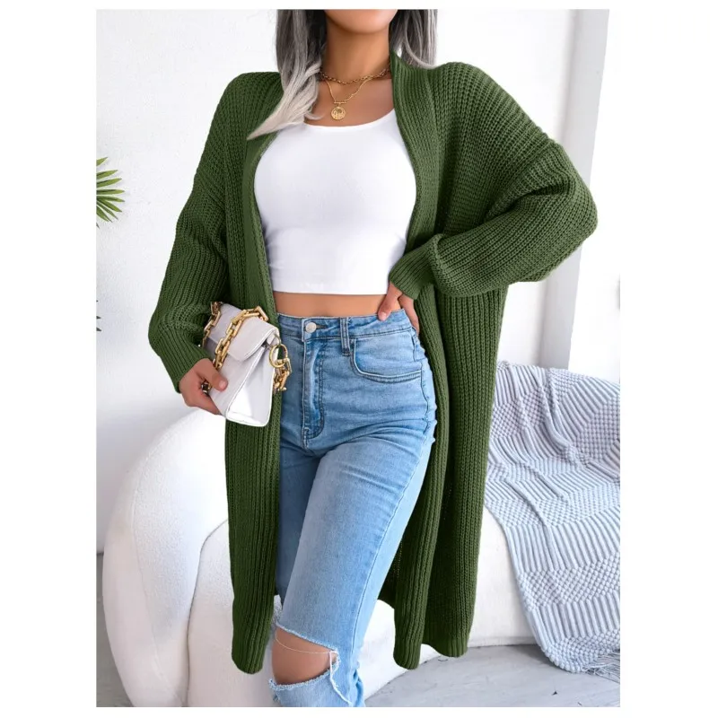 Women\'s Autumn And Winter Casual Versatile Collar Long Jacket Solid Color Cardigan Buttonless Long Sleeved Loose Sweater Coat