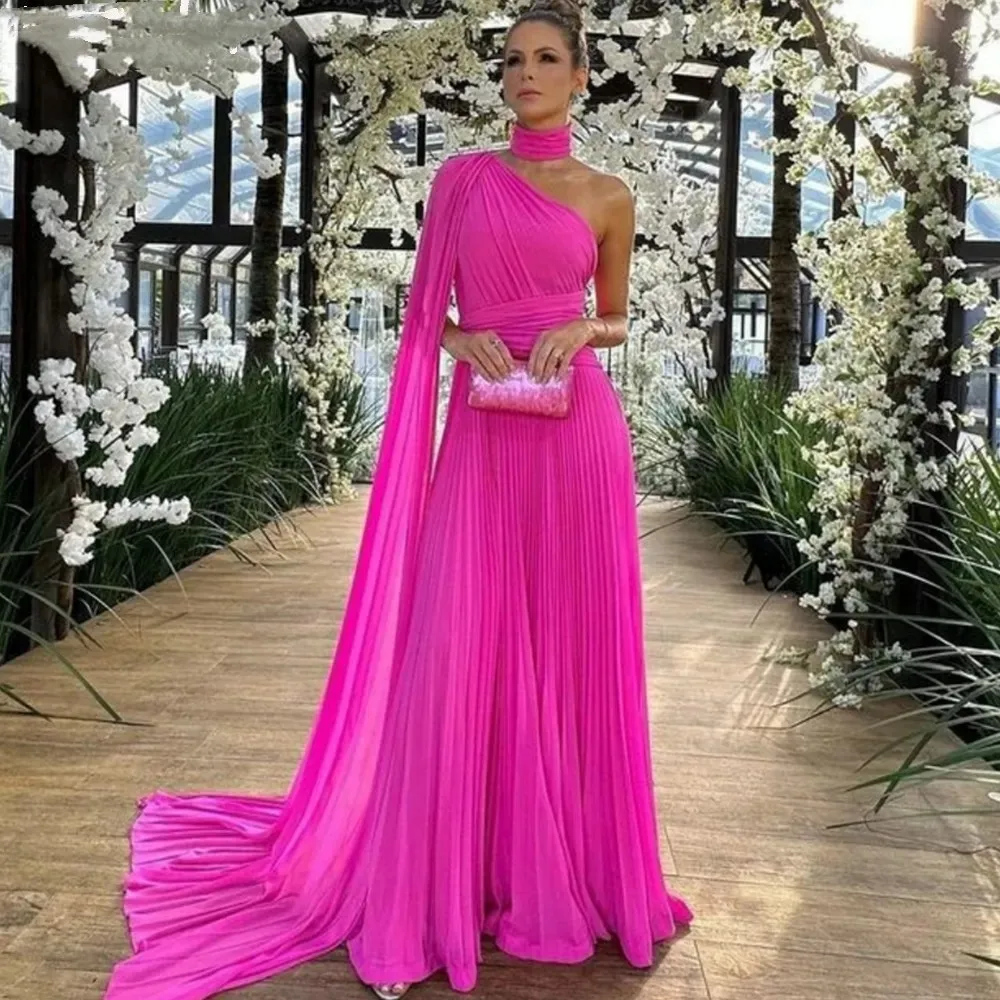 Vestido de fiesta de gasa plisado de un hombro para mujer, vestido de fiesta de noche, elegante, rosa, fucsia, Sexy, línea A