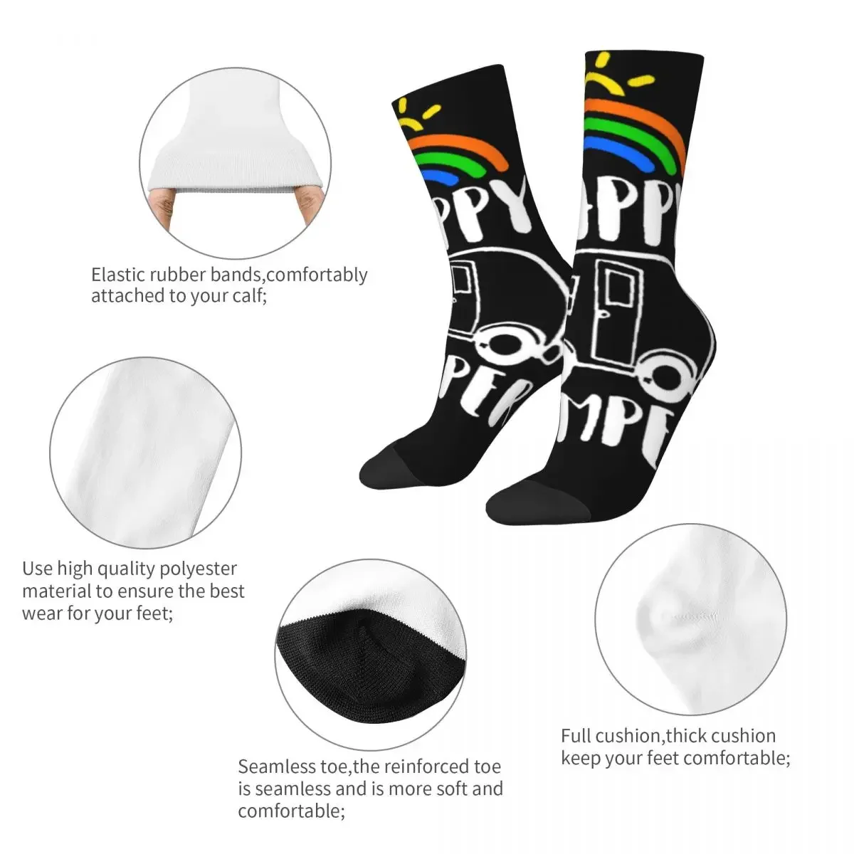 Female Male Rainbow Happy Camper Socks Comfortable Casual Camping Socks Novelty Merch Middle TubeStockings Wonderful Gifts