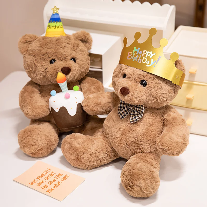 

40cm Brown Birthday Bear Doll Sitting Cartoon Animal Celebrating Party Plushie Girlfriend Gift