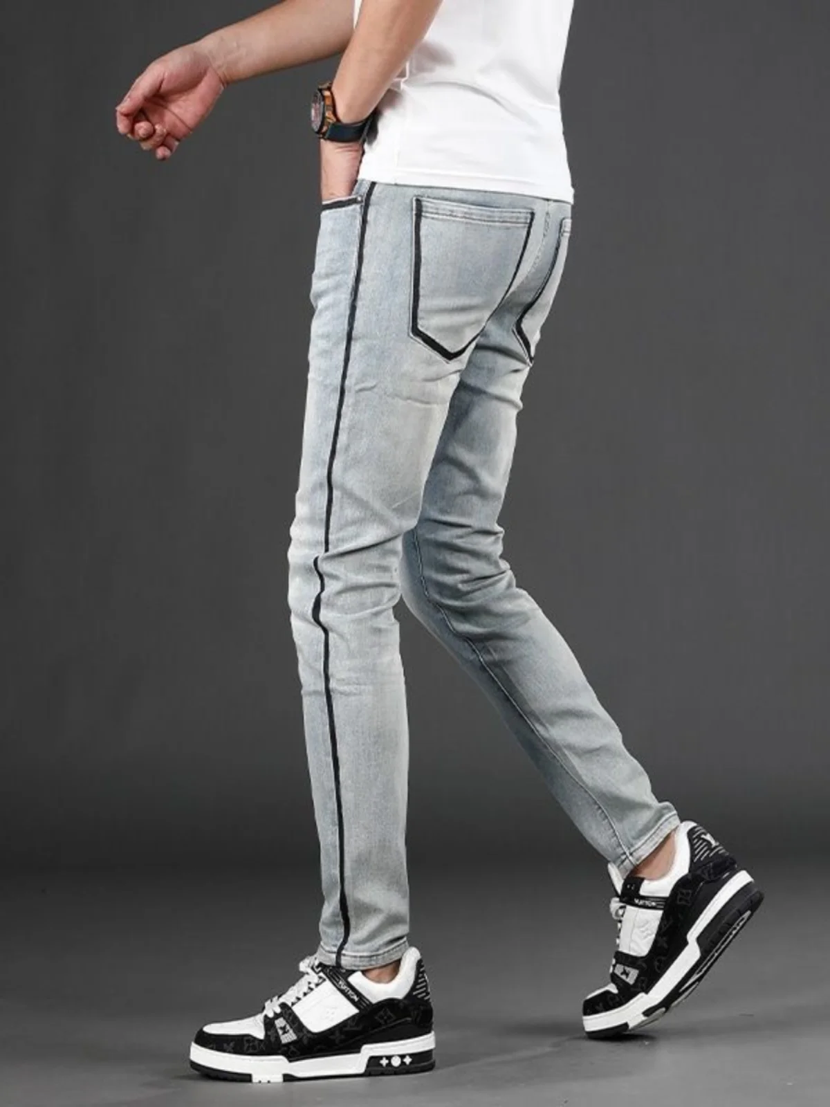 

Faionable Slim Fit Men's Jeans Casual Lightweight Stretchy Korean Sle Printed Long Pants High Elastici Straight Leg Jeans