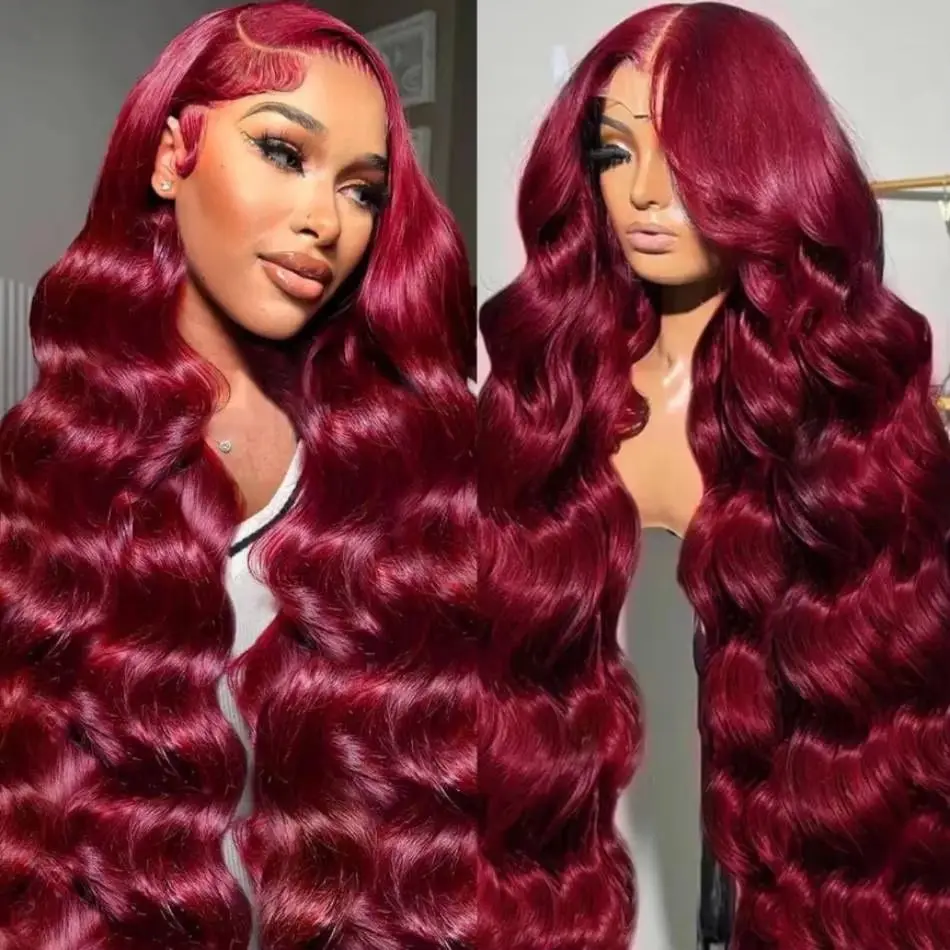 

30 40Inch 99J Burgundy Body Wave Wig 13x6 Lace Front Human Hair Brazilian 220 Density Red Colored Lace Frontal Wigs For Women