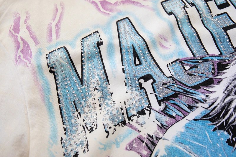 Lightning Eagle Fading Letter Print No. 27 MAJESTIK Tshirts Retro Washed Street Outfit Rhinestone Short Sleeve Men Women Tops