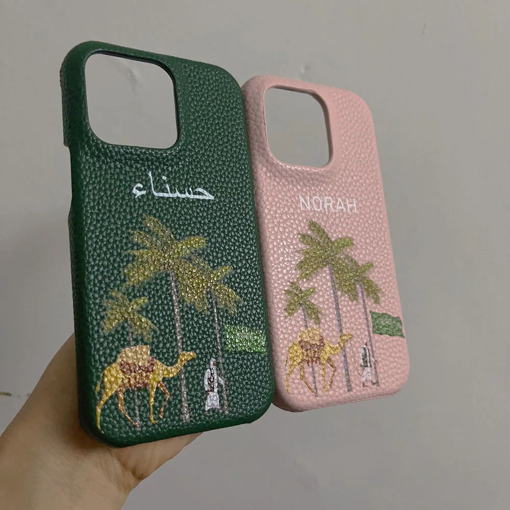 Personalised Customized Name Coconut tree Leather Case For iPhone 15 14 13 12 11 Pro Max Initials Letters DIY Engraved Cover