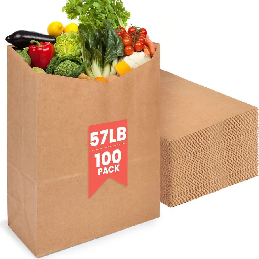 

100 штук, 57 фунтов, коричневые крафт-пакеты для продуктов, 13 x 6 x 16.5 дюймов, большие крафт-пакеты повышенной прочности для ресторанов, розничной торговли и покупок