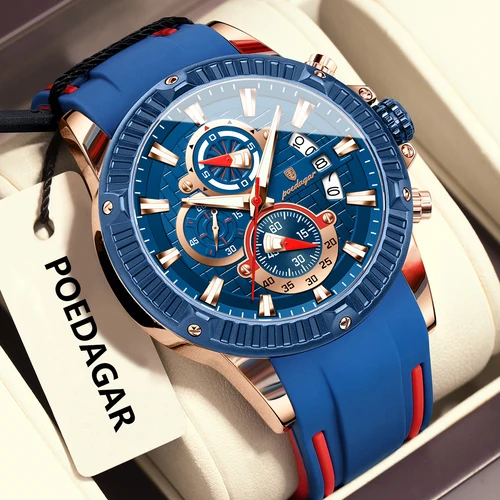 Imagen 2 del producto POEDAGAR, reloj de pulsera deportivo a la moda para hombre, cronógrafo luminoso resistente al agua, reloj con fecha para hombre, correa de silicona, relojes de cuarzo a la moda para hombre