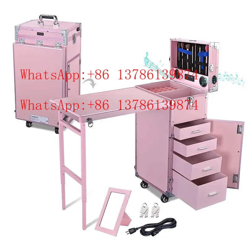 

С 4-мя ящиками, зеркалом и динамиком, складной чехол для макияжа ногтей, тележка, органайзер для хранения в путешествиях