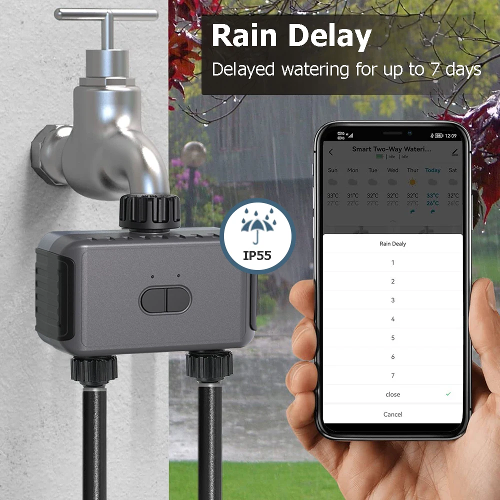 Smart Double-Outlet Garden Watering Timer, WiFi/Bluetooth Drip Irrigation System Automatic Irrigation Controller