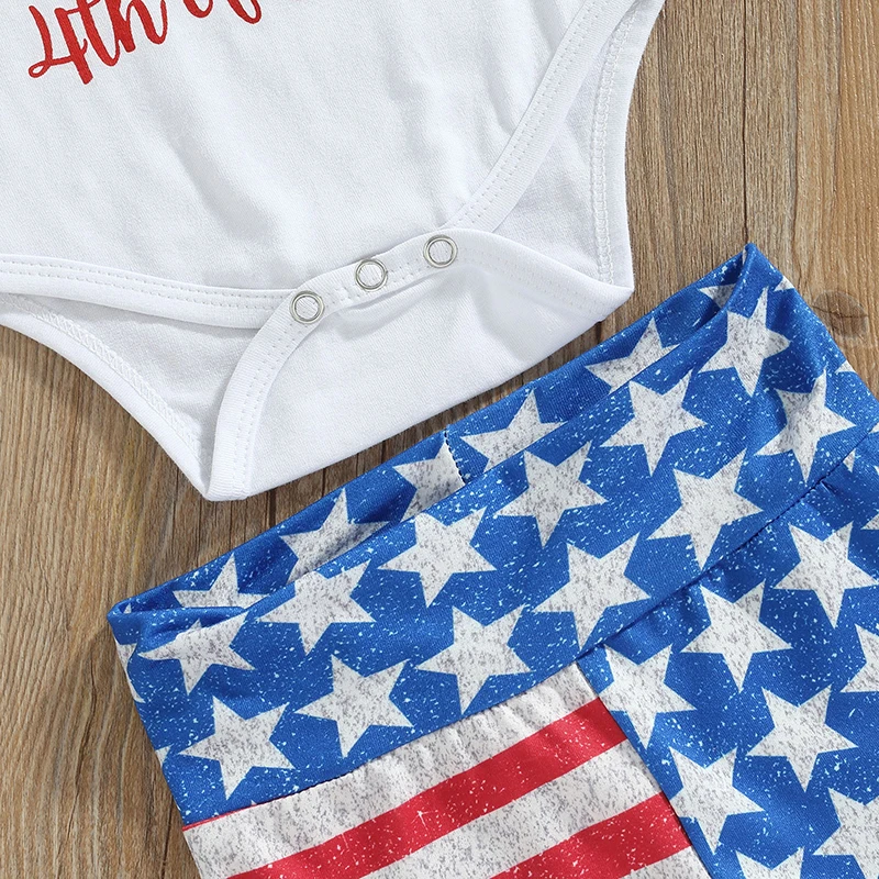 

4th of July Baby Romper Set Girls Patriotic Short Sleeve Jumpsuit with Star Stripe Flared Pants and Headband for Independence