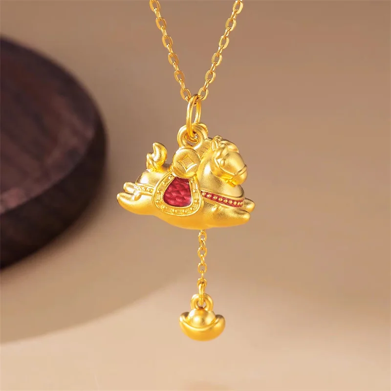 

AU999 24K Gold Women's Zodiac Horse Necklace, Wealth Yuan Bao Lucky Pendant, Luxury High-End Clavicle Chain Jewelry Gift