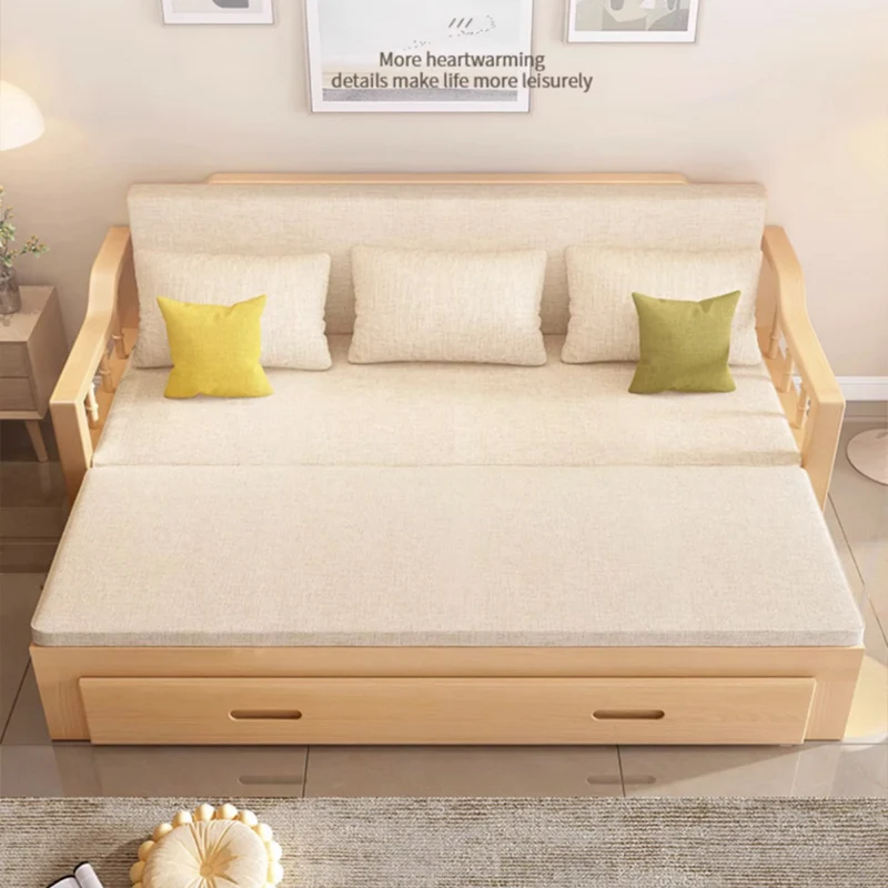 Solid wood push-pull storage bed sofa bed beech folding dual-purpose Nordic living room multi-functional bedroom storage