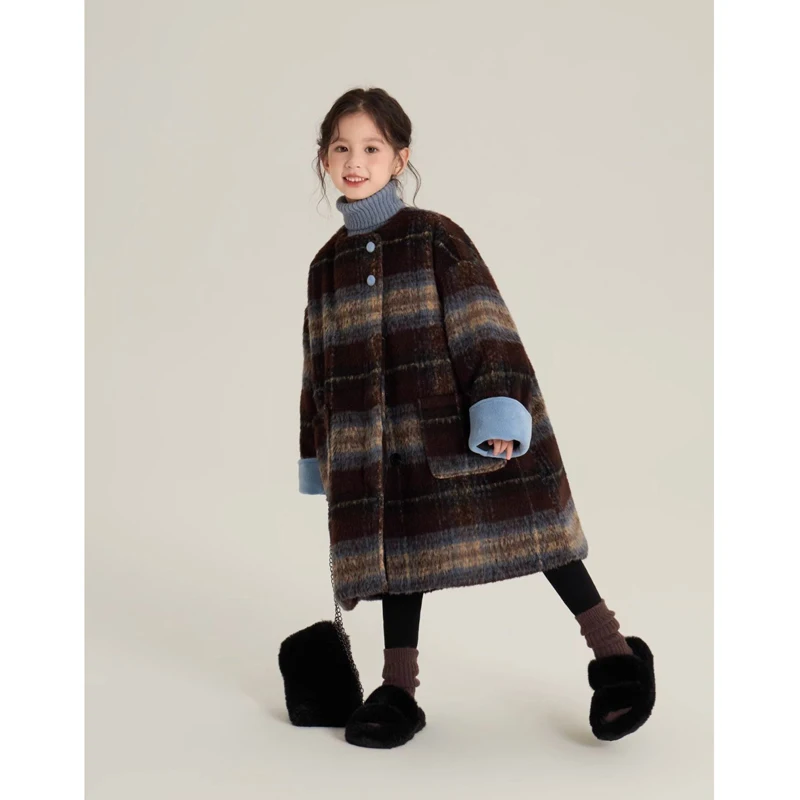 

Autumn Winter Girls Woolen Coat 2025 New Thick Cotton Coat Long Children's Clothes 5-15 Year Girls' Plush Jacket RM83