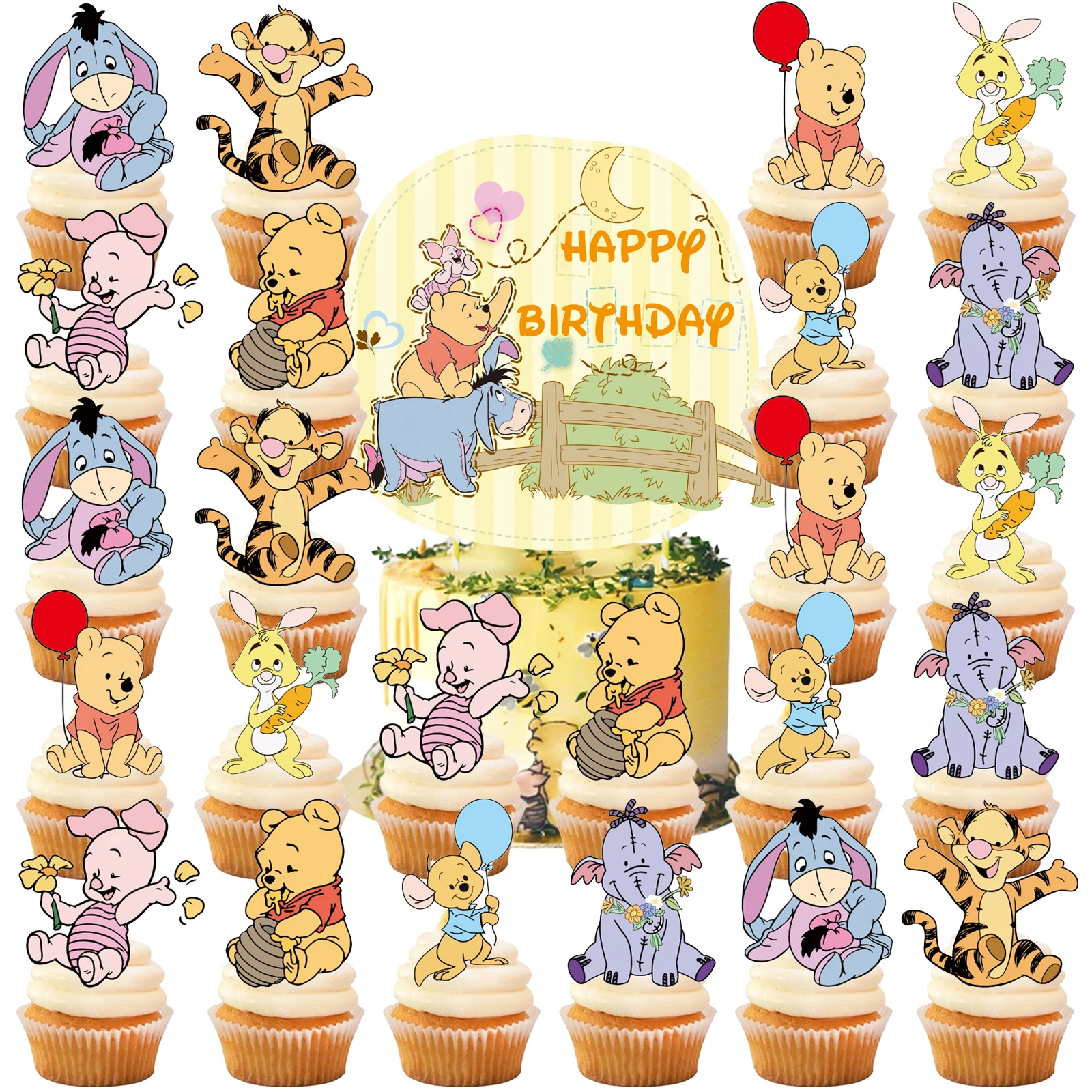 Pooh Bear Cake Topper、Cupcake Toppers for Kids Happy Birthday Pooh Bear Cake Decoration Pooh Bear birthday Party Gift