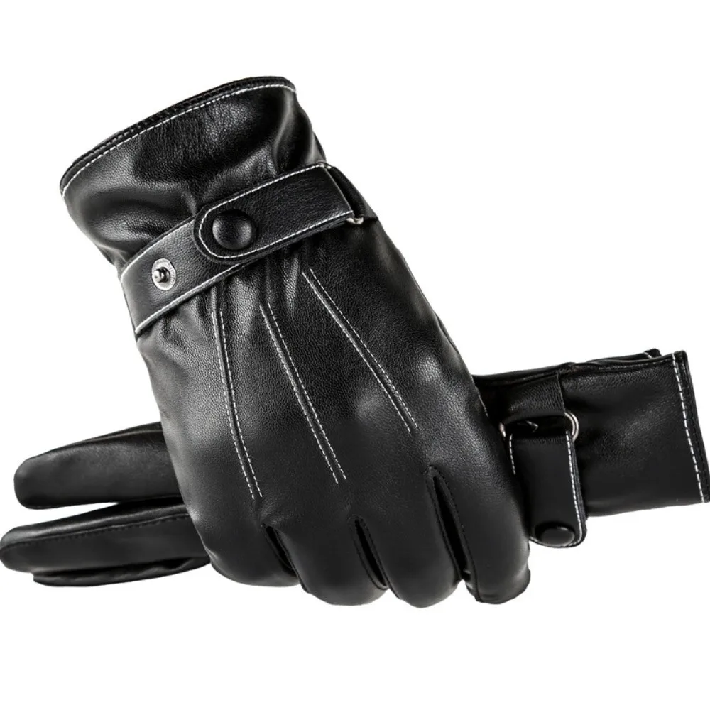 Black Warm Leather Touch Screen Gloves Windproof Thickened Driving Cycling Gloves Non-Slip Waterproof Winter Men Gloves Business