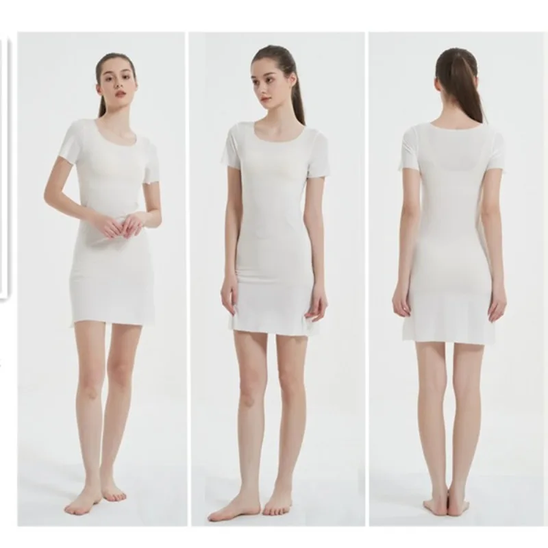 Camisola vestido de seda resfriamento deslizamento para mulher curva sem costura aumentando chemise mangas curtas pena luz loungewear camadas