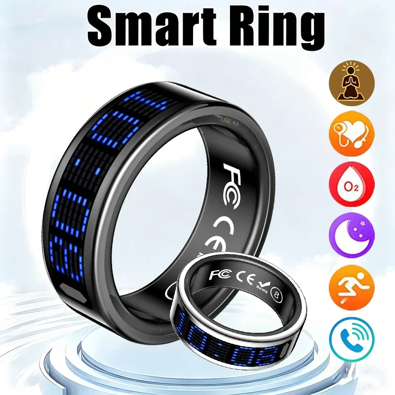 New Smart Ring Blue LED Display Health Monitoring Caller ID Multi Sport Modes for Men Women Stainless Steel Wearable Health Ring