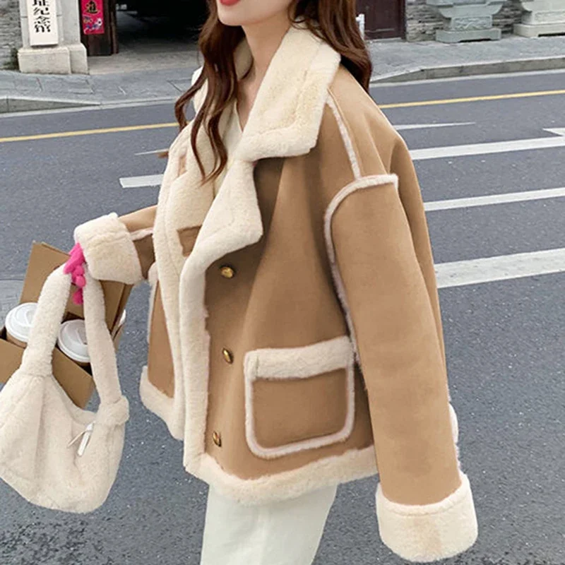 

New Winter Lamb Fur Jacket Women Korean Suede Motorcycle Snow Parka Thickened Short Coat Fashion Sweet Warm Outerwear