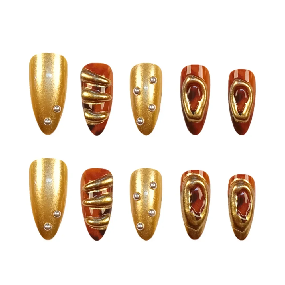 

2026 New Minimalist 3D Gilded Pearl Wearable Nails, Retro Amber Luxury False Nails