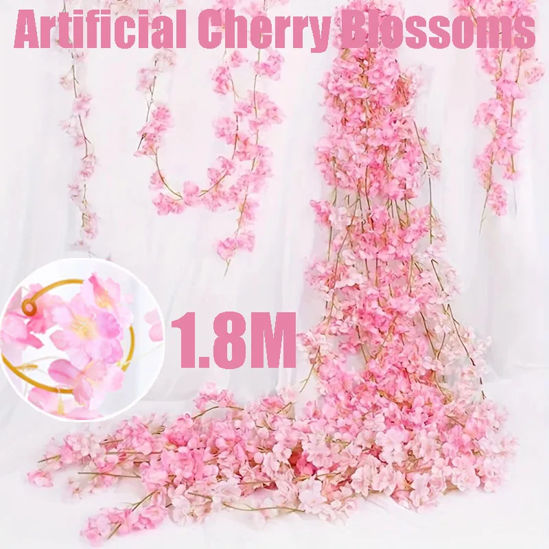 Pink Sakura Artificial Flowers Garland Cherry Blossoms Vines Garden Arch Decor Fake Flower Garland Wedding Party Home Decoration
