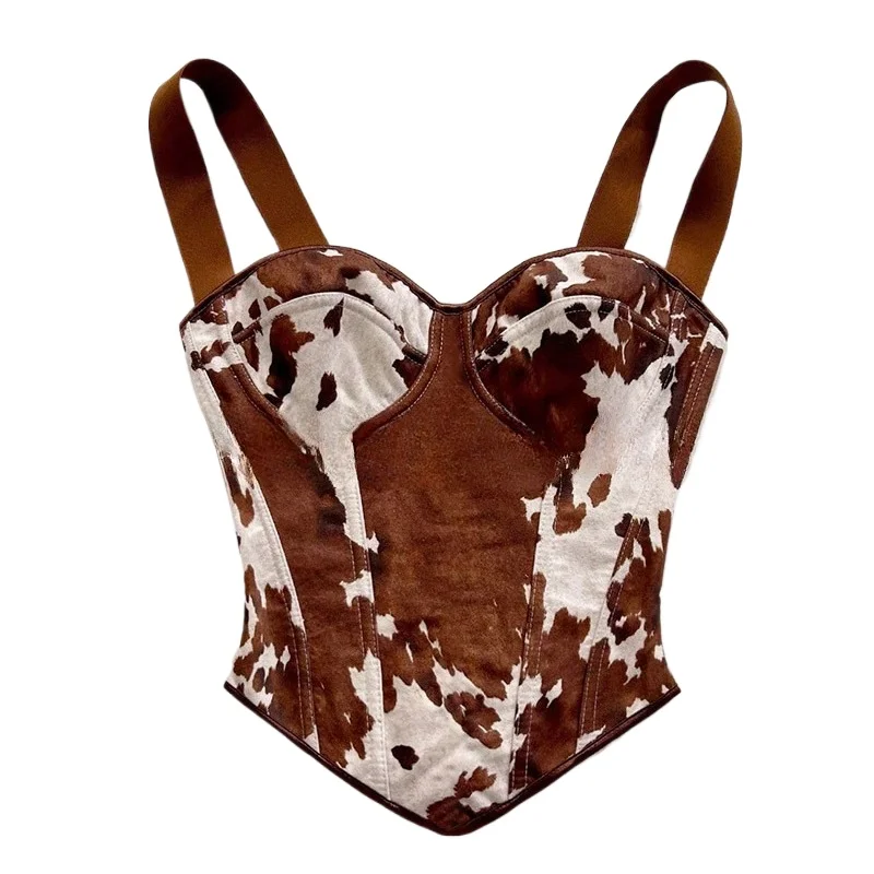 Top corsé con estampado de vaca para mujer, sin mangas, de gamuza, estilo western, para festivales de música, conciertos, disfraz sexy de vaquera, atuendo medieval.