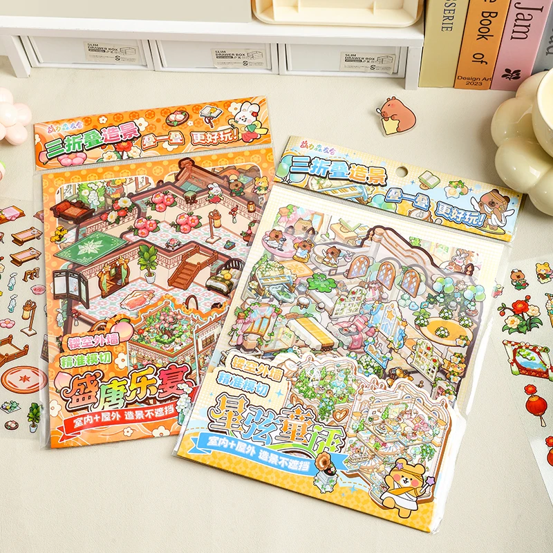 Mr.Paper 2 Packs Tri-fold Large Pre-cut PET Scene Stickers Creative Layered Decor for Journal Scrapbook Collage