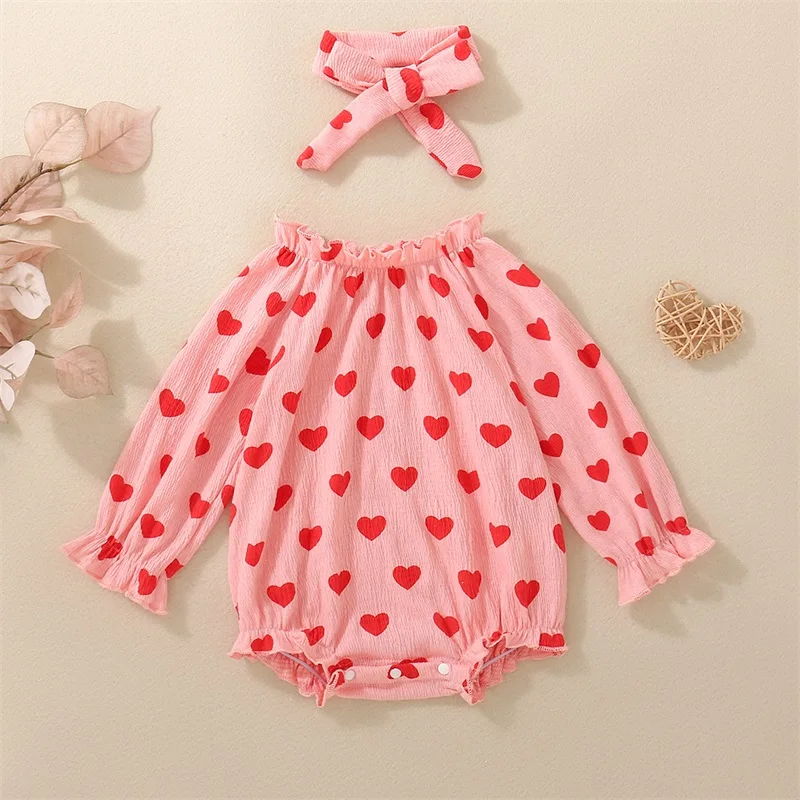 Baby Girl 2Pcs Fall Outfits Off Shoulder Long Sleeve Heart Print Romper with Headband Set Infant Clothes