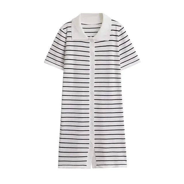 

New Summer Fashion Women Dresses Black White Stripes Turn-Down Collar Short Sleeves Single-Breasted Female Casual Mini Dress