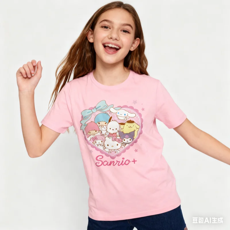 تيشيرتات مطبوعة من سلسلة سانريو، قطن 100%، متوفرة بـ 8 ألوان، النمط الأساسي الأكثر مبيعًا ملابس الأم وأنا/النسائية