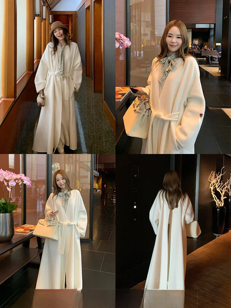 

Двустороннее шерстяное пальто Xzichic для женщин, длинное, с V-образным вырезом, с разрезом сзади, премиум-класса, модное, для повседневной носки, утепленное