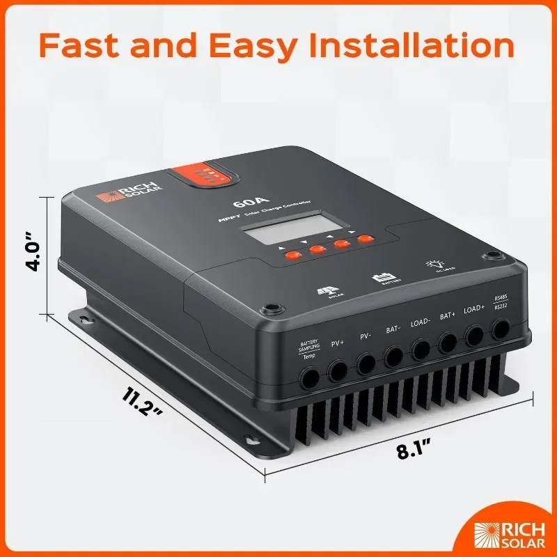 RICH SOLAR 60 Amp 12V/24V/36V/48V DC Input MPPT Solar Charge Controller with LCD Display Solar Panel Regulator