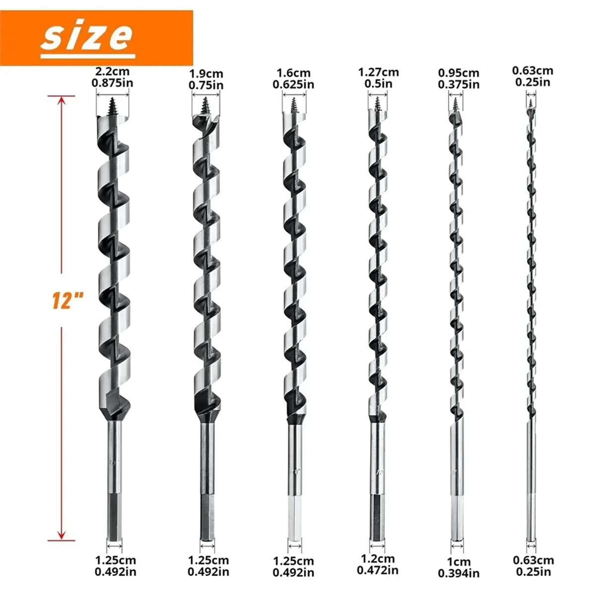 2026 New 6Pcs 12-Inch Long Auger Drill Bit Set for Wood, 1/4