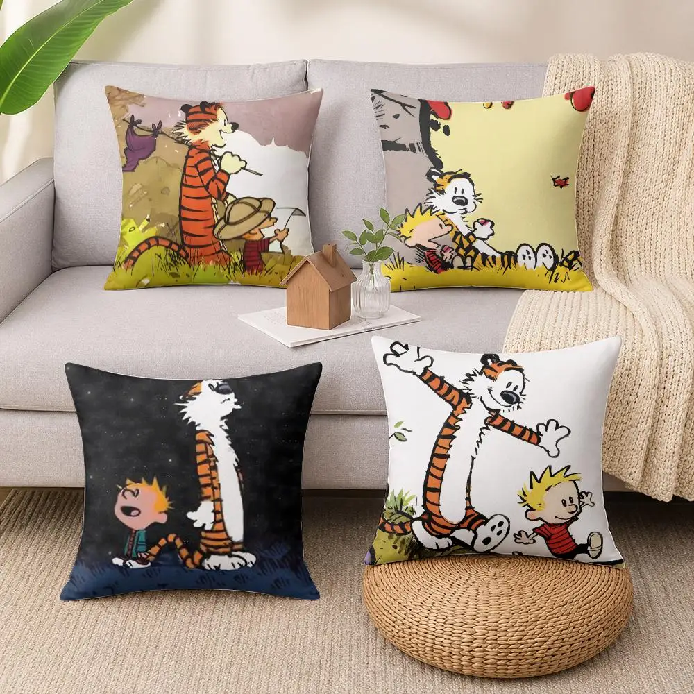 Anime C-Calvin And Hobbes Cushion Cover Wrinkle-Resistant Short Plush Cushion Covers Breathable Machine-Washable