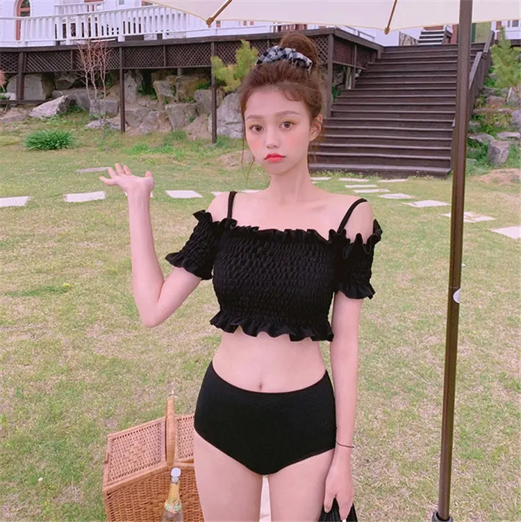 

Women's Korean INS Black One-Shoulder Two-Piece Bikini Push Up Slimming Sexy Swimwear for Small Bust Beach Getaways