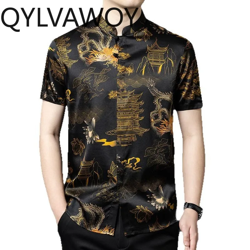 

QYLVAWOY Men's Shirts Xiangyunsha Tops 90.8% Real Mulberry Silk Shirts Short Sleeve Luxury Man Clothing Chinese Style High-end