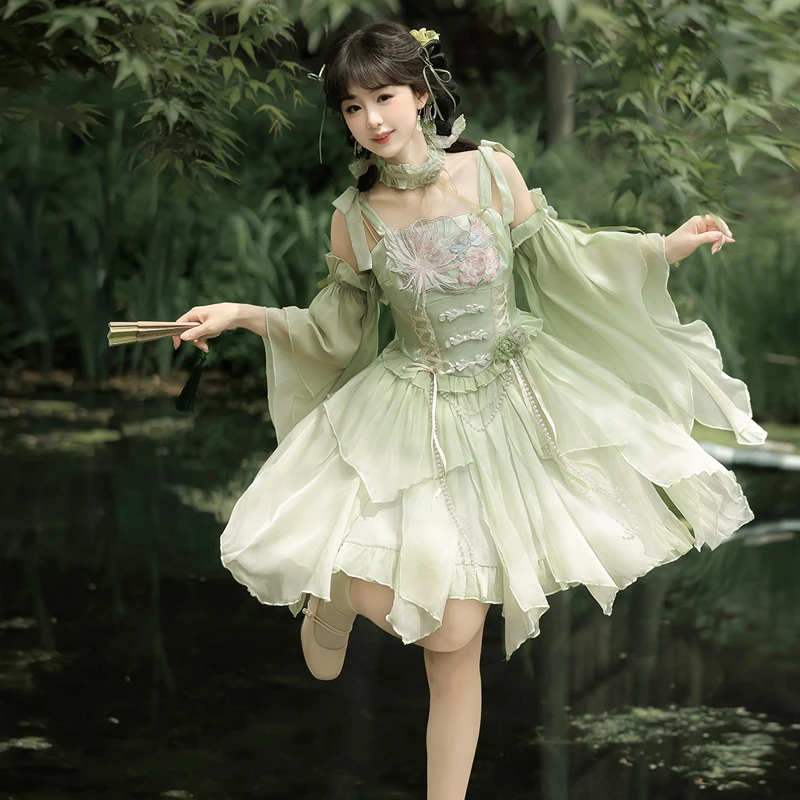 สไตล์จีน Lolita หวานสีเขียว Princess Fairy Feather แขนสด Suspender ชุดญี่ปุ่น Rojita ชุดสําหรับเสื้อผ้าสตรี