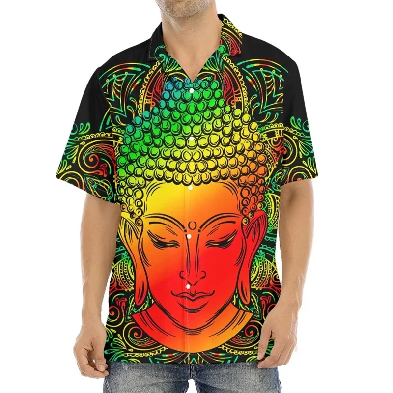 3d Buddha Pattern Print Aloha Shirt Summer Casual Button Up Beach Shirts Streetwear Mens Short Sleeve Plus Size Tee Shirt Tops