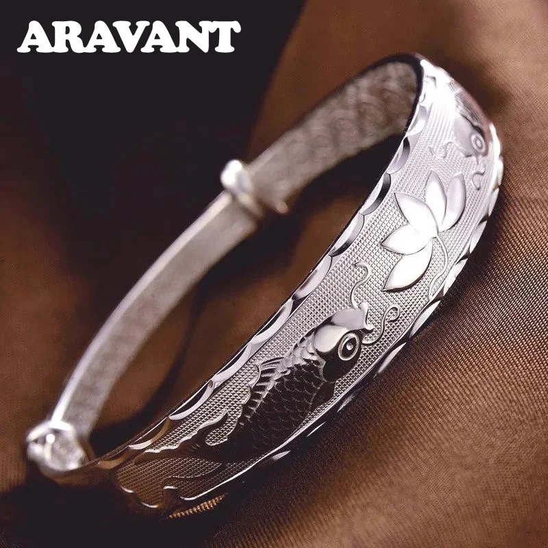 Aravant 925 Silver Lotus Adjustable Bracelets Bangle For Women Party Wedding Jewelry