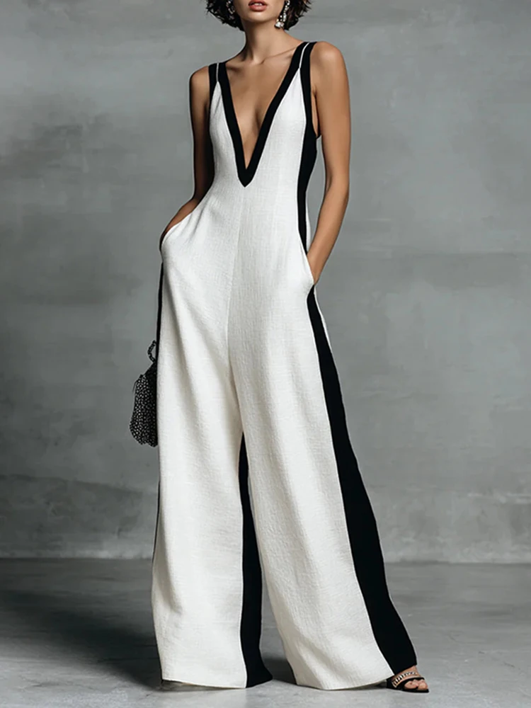 

Повседневный летний комбинезон с карманами, элегантный, с V-образным вырезом, без рукавов, однотонный, длинный, модный, с цветовыми блоками, льняной, для вечеринок