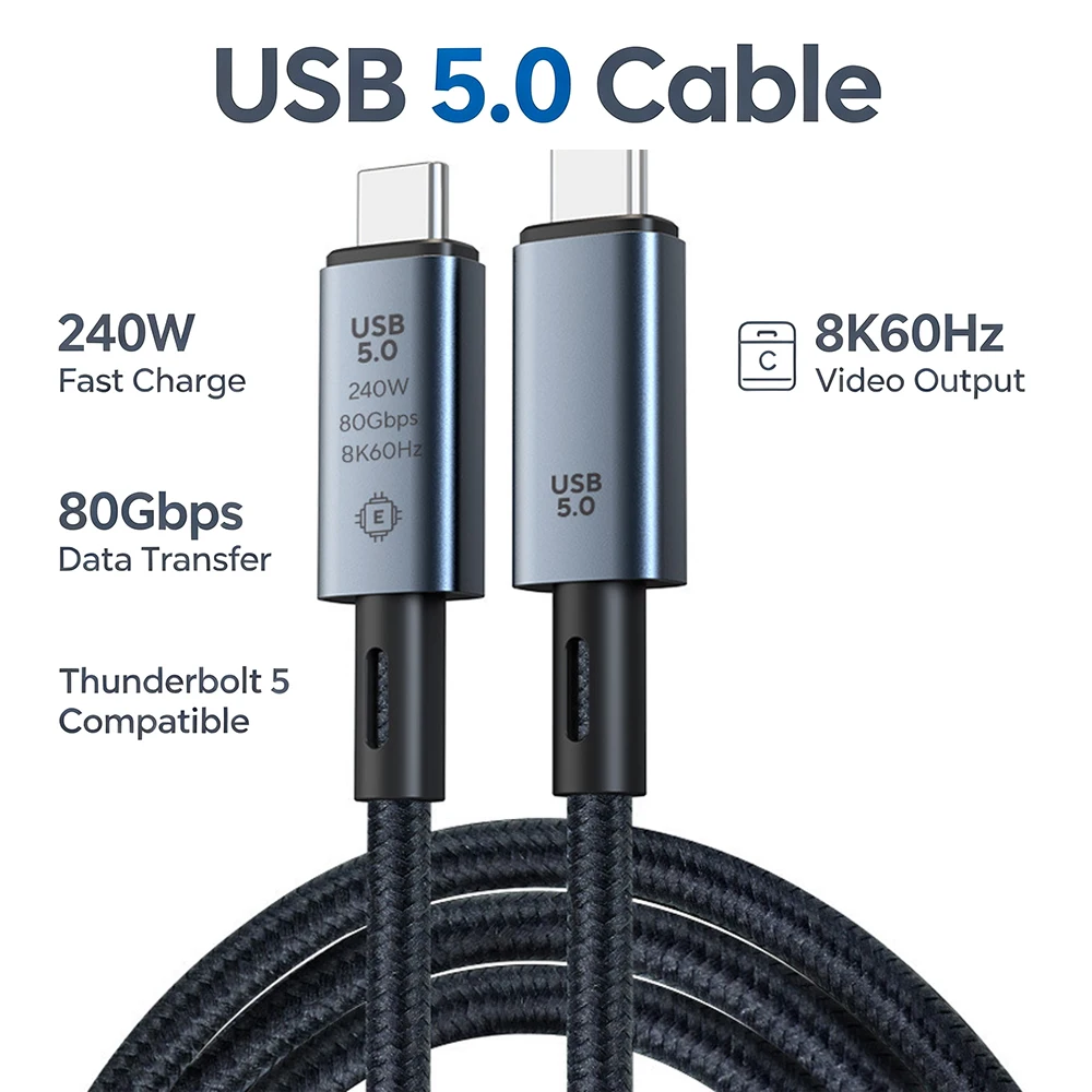 USB 5.0 USB C to C Cable PD 240W Fast Charging 80Gbps Data Transfer 8K60Hz Video Cord Compatible with Thunderbolt 5 for Laptop
