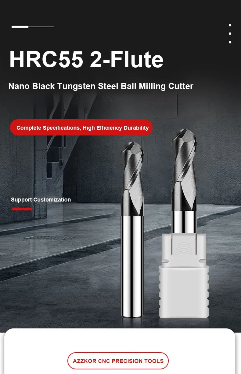 AZZKOR HRC55 2-Schneiden-Fräser aus Wolframstahl mit schwarzer Nano-Beschichtung, Kugelkopffräser für CNC-Maschinen und mechanische Bearbeitung – Detail 1