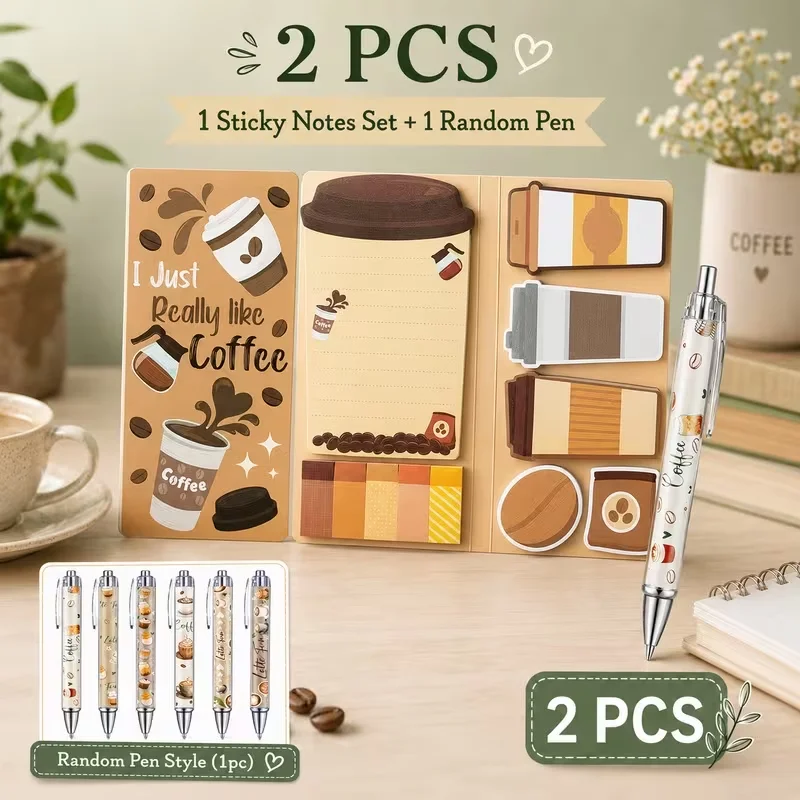 1 Set Coffee-Themed Sticky Note With 1 Pc Random Coffee-Themed Pen Cute Gift For Coffee Lovers For The Office School Teachers