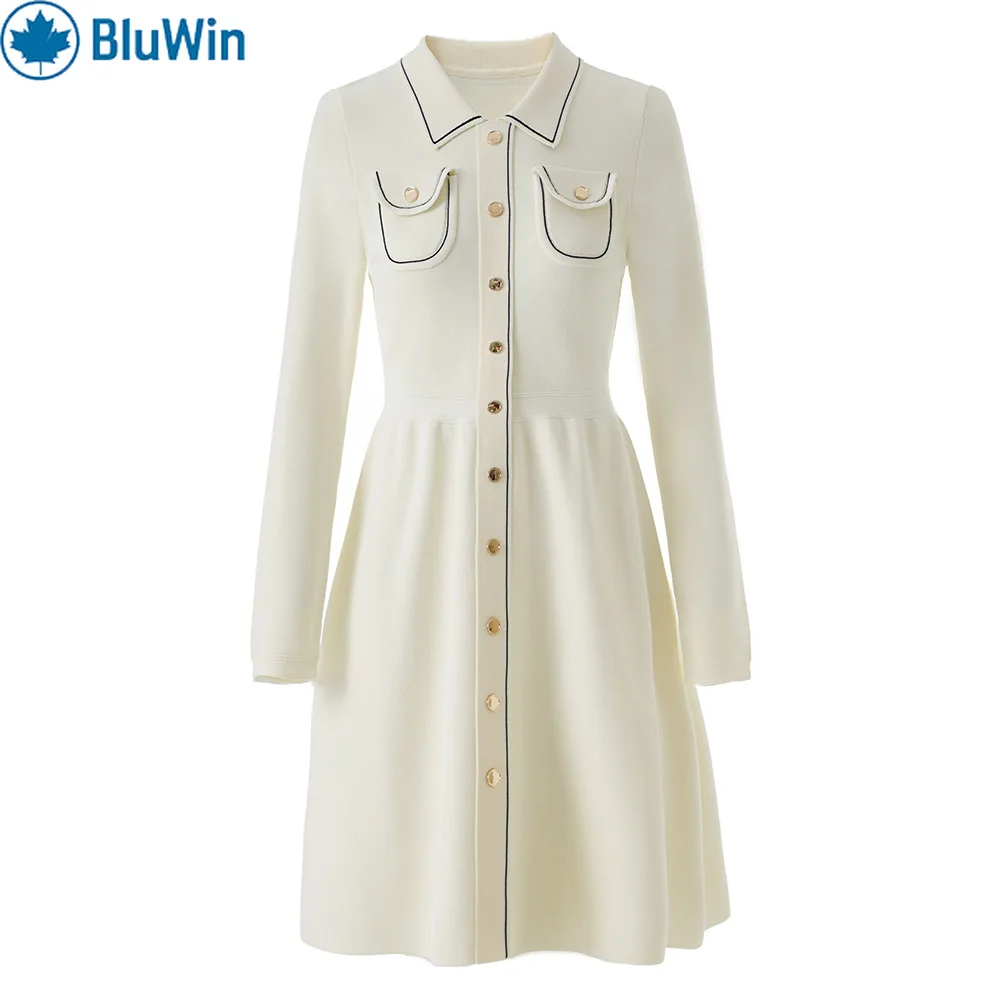 

BluWin Knit Shirt Dress Women Collared Button Front, Contrast Piping Long Sleeve Fit & Flare Sweater Dress Ivory