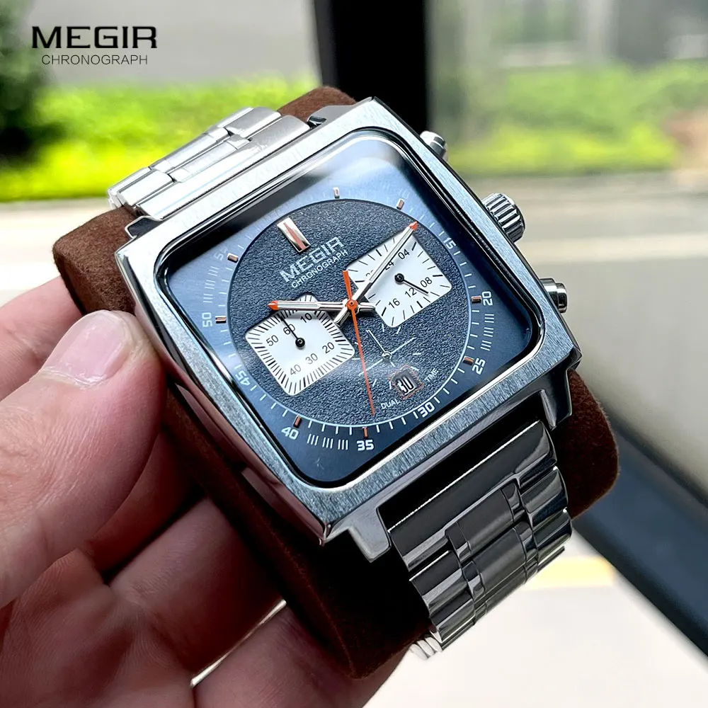 MEGIR Square Dial Quartz Watch Men Stainless Steel Strap Chronograph Sport Wristwatch with Date Luminous Hands 24-hour Indicator