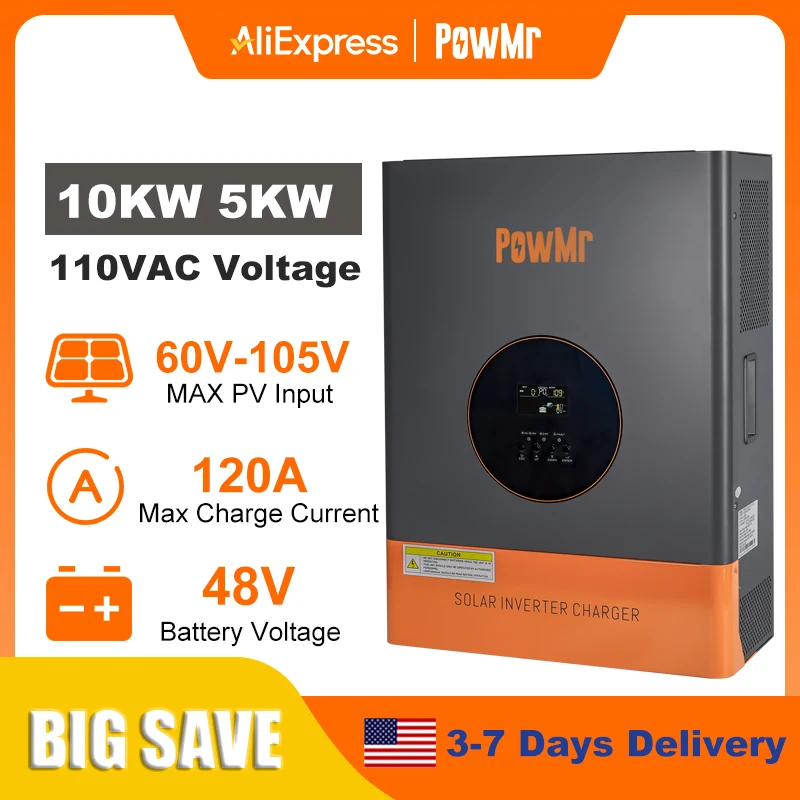 PowMr 10KW 5KW Split Phase Inverter 48V 110V or 220V Low Frequency Inverter Off Grid with MPPT 120A Solar Battery Charger Max PV 245V