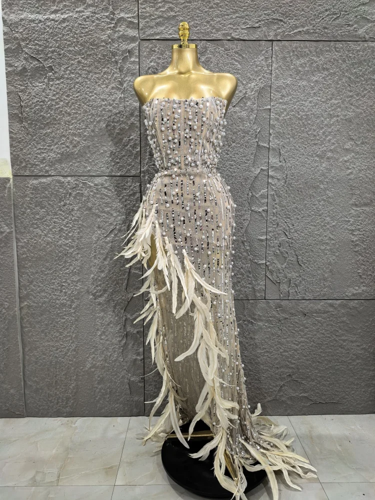 

Top Quality Women Sexy Strapless Shinning Sequins Pearl Beading High Split Long Mermaid Dress Feathers Celebrate Evening Outfit