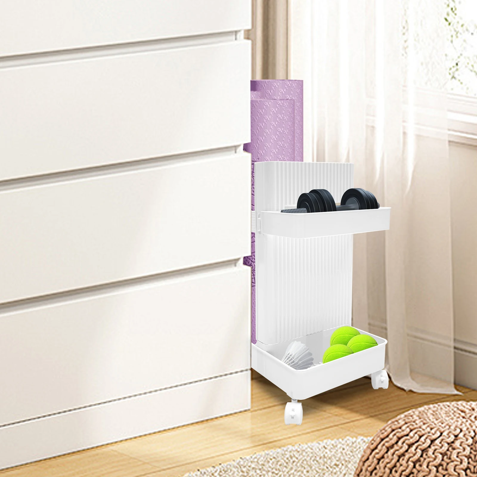 

Стойка для утяжелений, малая стойка для спортзала, стойка для йоги, тележка для хранения тренировочного оборудования для утяжелений, гантелей, ковриков для йоги, гирь - белая