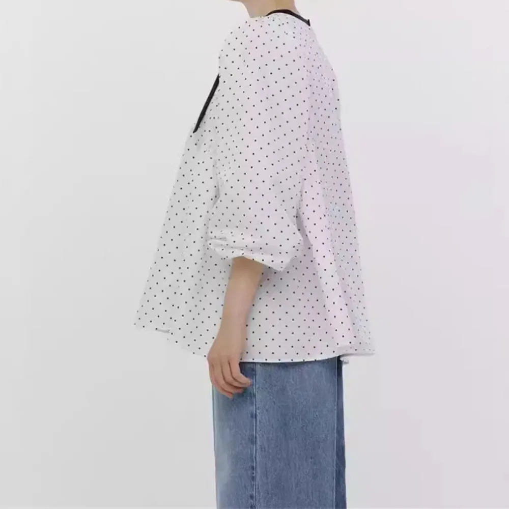 Kuzuwata Fresh Early Autumn O Neck Lantern Sleeve Print Shirt Lace Up Polka Dot Bow Loose Crop Top Japan Pullover Casual Blusas