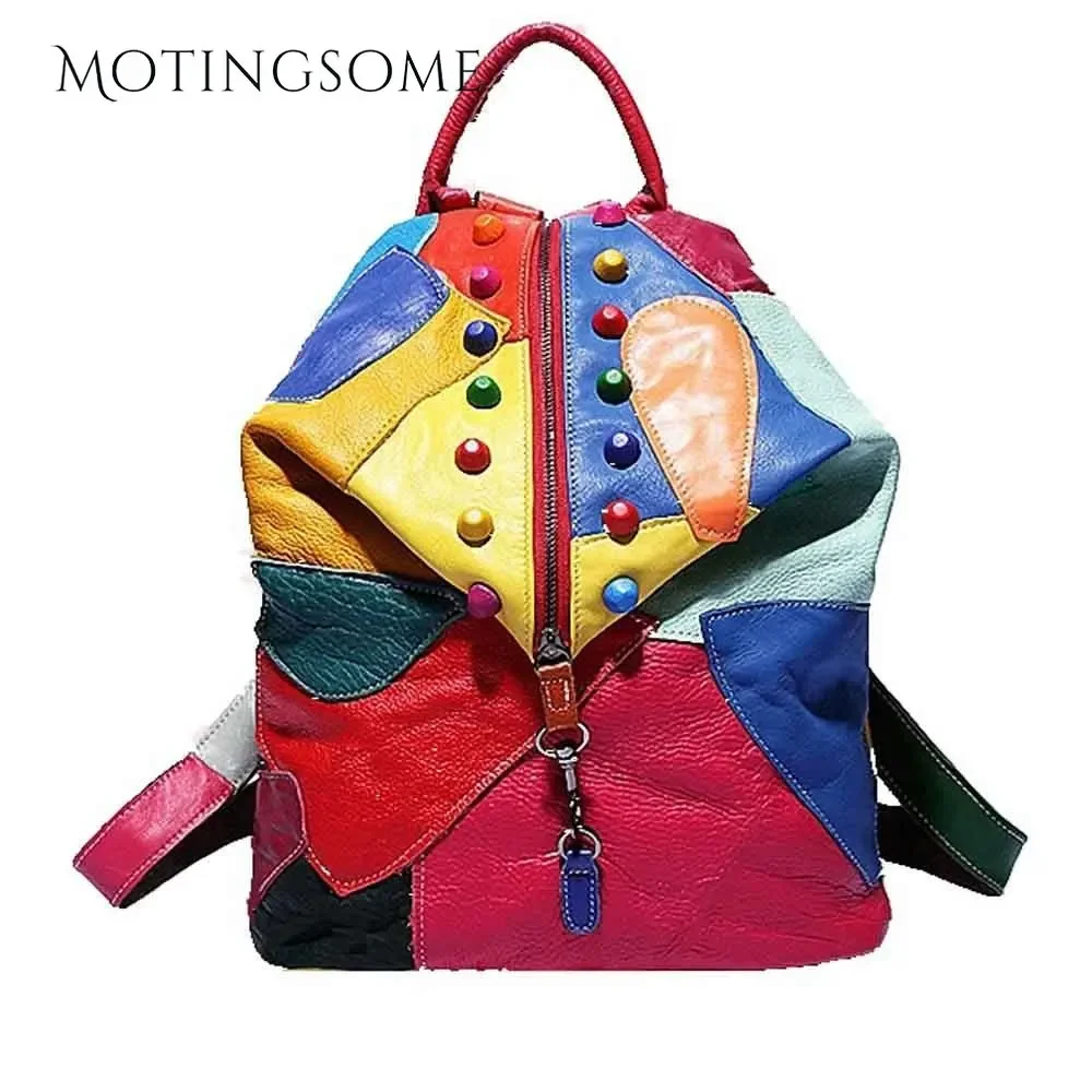 Genuine Leather Women\'s Backpack Sheepskin Backpack Colorful Stitching Shopping Bag Women\'s Backpack 2023 New Trend Girls Gift