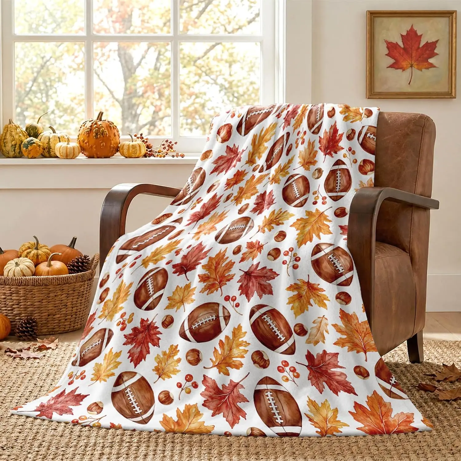 Accnicc Burnt Orange Fall Football Maple Leaf Throw Blanket 50 x 60 Inch