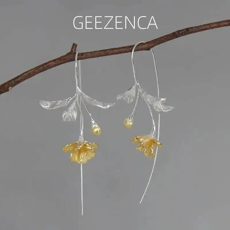 

GEEZENCA 925 Sterling Silver Two Tone Plated Begonia Flower Earrings For Women Lovely Elegant Flowers Dangle Earrings Gift